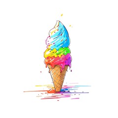 A watercolor illustration of a rainbow swirl ice cream cone dripping