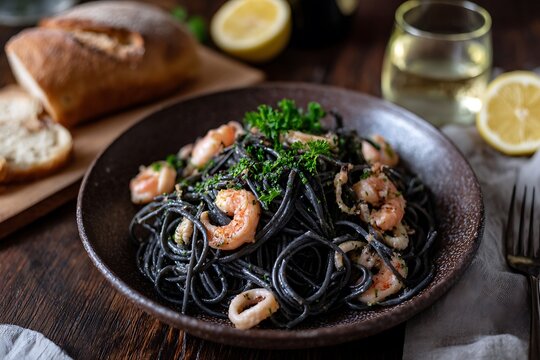 Indulge in delicious black squid ink pasta with shrimp and parsley, served with fresh bread and wine for an elegant gourmet dining experience at home