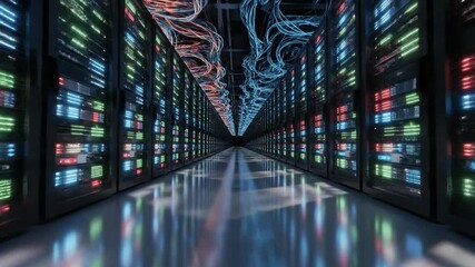 Data center hallway with server racks and colorful cables creating a futuristic and technological atmosphere for computing and information storage and processing facilities - Powered by Adobe
