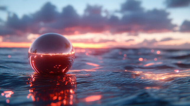A captivating close-up of a reflective sphere resting on the ocean’s surface, capturing the intricate interplay of light and water at sunset, evoking tranquility and curiosity.