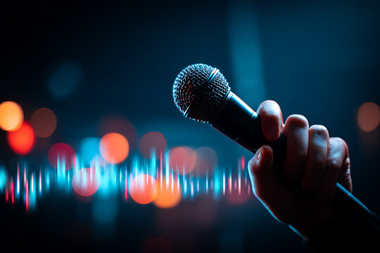 Dynamic Performance: Hand Grips Microphone Amidst Glowing Soundwaves and Vibrant Bokeh Lights
