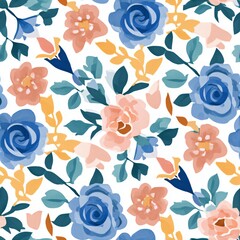 Seamless pattern with a bouquet of cute floral flowers, blooming foliage on a white background for fabric, wallpaper, wrapping paper, summer decoration, fashion, decor.