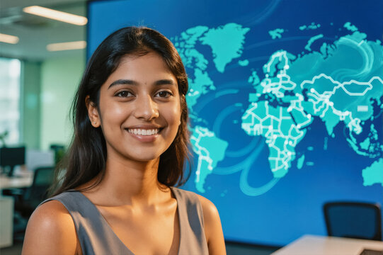 A smiling young woman in a gray sleeveless top stands in an office with a blue world map backdrop, captured in a professional studio-style photo.