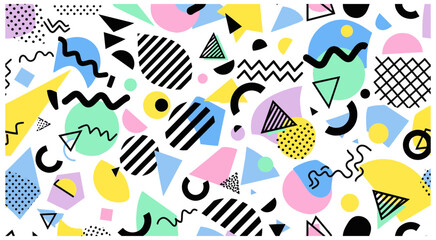 A vibrant and playful retro background with colorful abstract geometric shapes in the Memphis style.