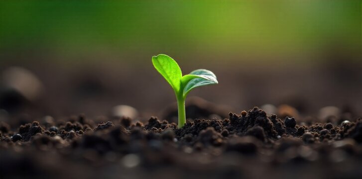A single sprout pushing through rich soil, symbolizing new beginnings, resilient growth, and the primal freshness of life. Macro shot of a single, bright green sprout just emerging from rich, dark