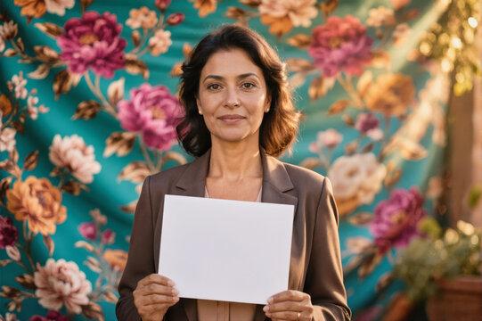 A professional woman holding a blank white paper in front of a colorful floral backdrop, captured in a studio-style portrait.