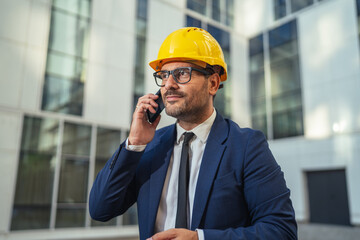 Architect or engineer in hard hat making phone call