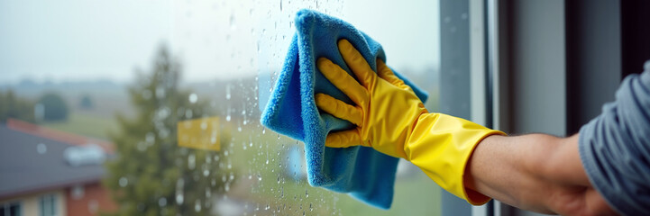 Person in yellow rubber gloves wiping wet window with blue microfiber cloth, representing cleanliness and thorough home maintenance