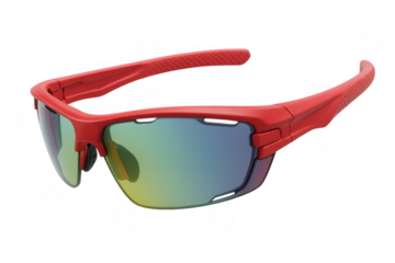 Red sports sunglasses with polarized rainbow lenses offering eye protection for outdoor activities and athletic performance