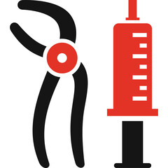 Dental Extraction Forceps and Medical Syringe Icon in Red and Black Colors Representing Dentistry and Medical Procedures on a Transparent Background