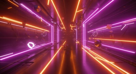 Neon-lit futuristic tunnel with glowing geometric shapes and metallic structures