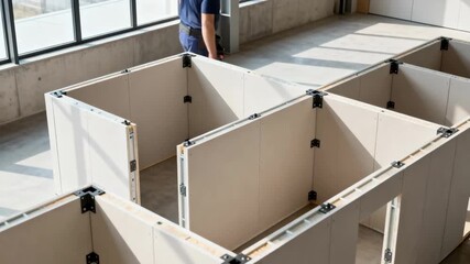 Medium shot of customizable prefabricated units being fitted together emphasizing flexible design solutions for residential or commercial spaces.