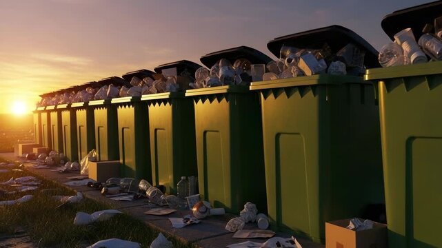 Overflowing Garbage Cans Lining Street at Sunset, Waste Problem