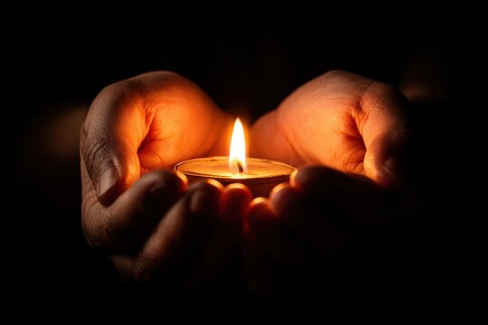 Hands Holding Candle in Darkness – Hope, Prayer, Memorial, Remembrance Concept