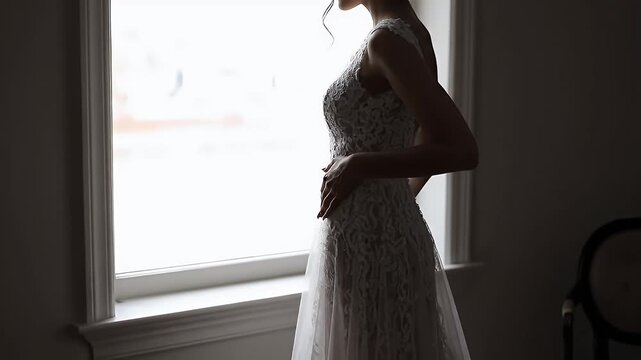 Silhouette of elegant bride in lace wedding dress standing near bright window looking outside with pensive mood cinematic wedding day preparation.