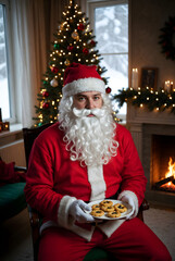 Santa Claus holding Christmas cookies by the tree and fireplace