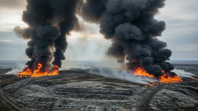 Burning Landfill Emitting Dark Smoke Plumes Aerial View