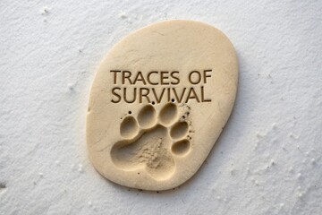 Close up of an animal paw footprint in clay with text