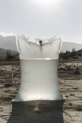 Large Water Bag Standing in Dry Desert Landscape