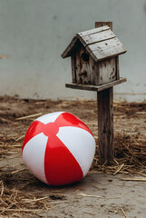 Red and White Beach Ball Beside Rustic Wooden Birdhouse Outdoors