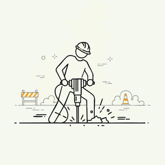 A minimalist line drawing depicts a construction worker using a jackhammer to break pavement, set against a backdrop of safety equipment and stylized clouds.