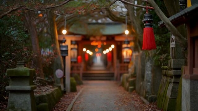 Illuminated Path to a Japanese Shrine A Journey Through Tradition.  Peaceful New Year Atmosphere at Japanese Shinto Shrine &ndash; 5s Clip
