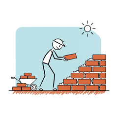A whimsical stick figure illustration depicts a construction worker carefully laying bricks to build a wall under a bright, sunny sky, showcasing labor.