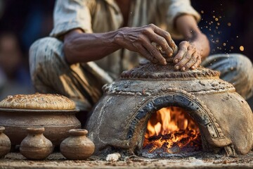 Artisan Hands Crafting Earthenware In A Traditional Kiln With Glowing