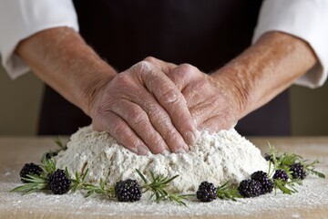 Baker Hands Kneading Flour Dough With Blackberries And Rosemary