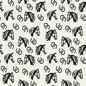 A dense seamless pattern featuring hand-drawn style black horse heads and small rough horseshoes repeated on cream background The motif is high-contrast rustic and conveys a sketchy folk art equestria