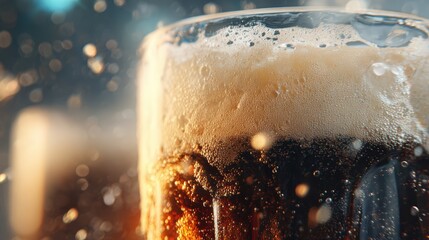 Close Up Macro Shot Of Refreshing Brown Soda With Frothy Foam And