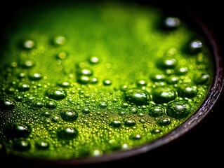 Close Up Macro Shot Of Vibrant Green Liquid With Numerous Small