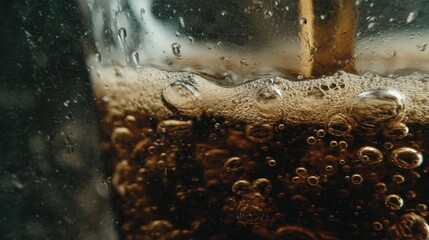 Close Up Of Dark Brown Soda With Bubbles And Water Droplets On Glass