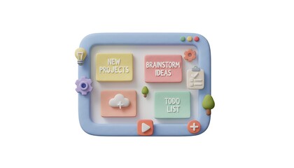 3D stylized app window with sticky notes and small icons in a clay pastel look, smooth rounded edges and clean minimal design, perfect for productivity and digital workspace themes.