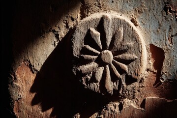 Close Up Of Ancient Wooden Carving With Sunbeam Lighting And Shadow