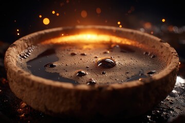 Close Up Of Dark Coffee In A Bowl With Golden Sparks And Bubbles