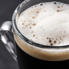 Close Up Of Dark Coffee With Frothy Cream In A Clear Glass Mug On A