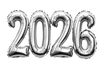 Silver balloon-style 2026 New Year text on transparent background