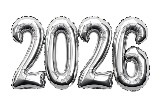 Silver balloon-style 2026 New Year text on transparent background
