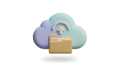 3D cartoon pastel cloud icon with small folder and upload arrow, soft texture and clean minimal style, perfect for cloud storage and data transfer, isolated on white background.