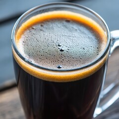 Close up of Hot Black Coffee in Glass Mug with Foam on Wooden Table