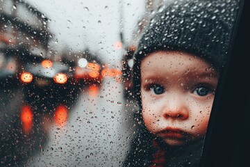 Close up of Toddler's Face Looking Through Rainy Window with Blurred