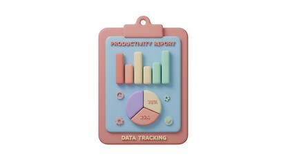 3D clay pastel clipboard with bar chart and pie chart, clean analytical icon style, isolated on white background.