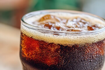 Close Up Refreshing Cola Drink With Ice Cubes And Bubbles In A Clear