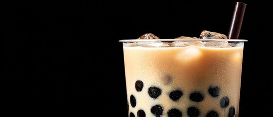 Cold Milk Tea With Tapioca Pearls and Ice Cubes In A Transparent