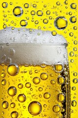 Cold Refreshing Beer With Frothy Head And Bubbles On Yellow
