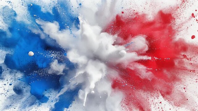 Dynamic Explosion of Blue White and Red Powder Paint.