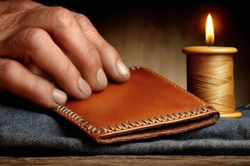 Craftsman Hand Holds Leather Wallet Near Lit Candle and Golden Thread