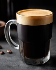 Dark Coffee In A Glass Mug With Frothy Top And Coffee Beans On Table