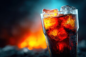 Dark Cola Drink With Ice Cubes In A Glass With Blurry Fire Background